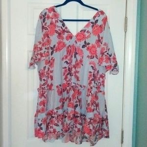 Anthropologie Light Blue Tunic with Coral Floral Print